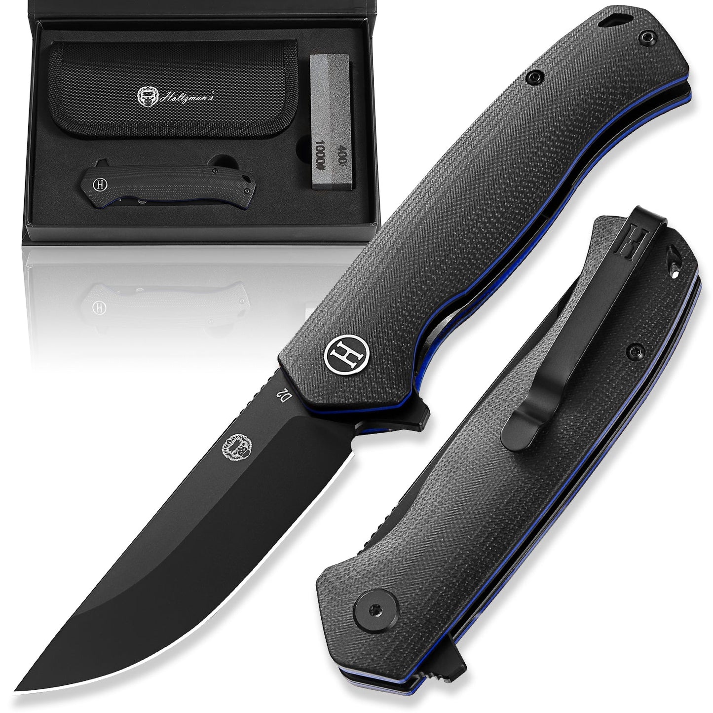 The Pathfinder Folding Pocket Knife Giftset for Men and Women (Black and Blue)